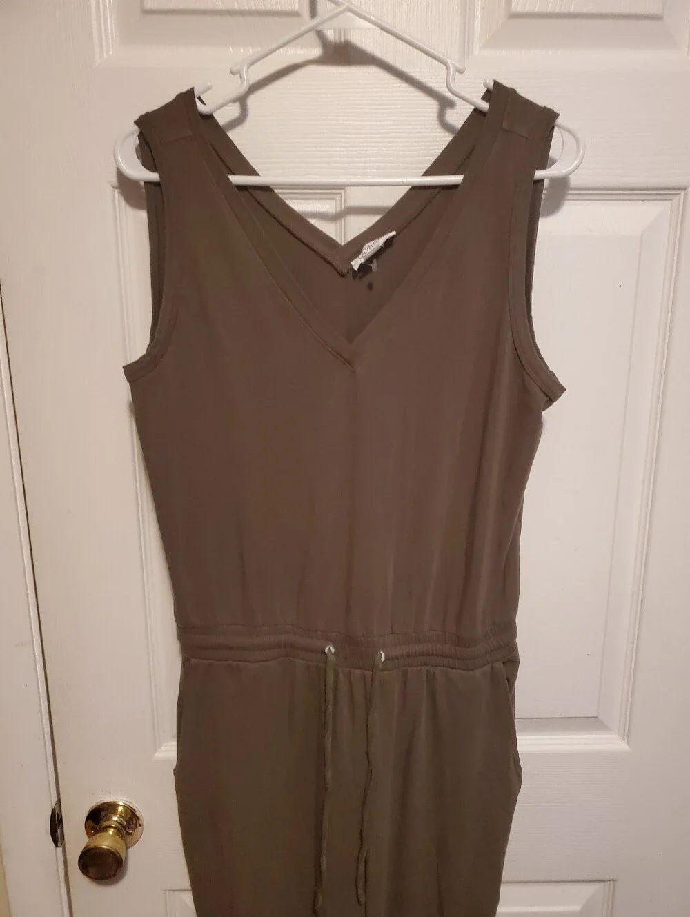 Calvin Klein Olive Sleeveless V-Neck Jumpsuit with Drawstring Waist
